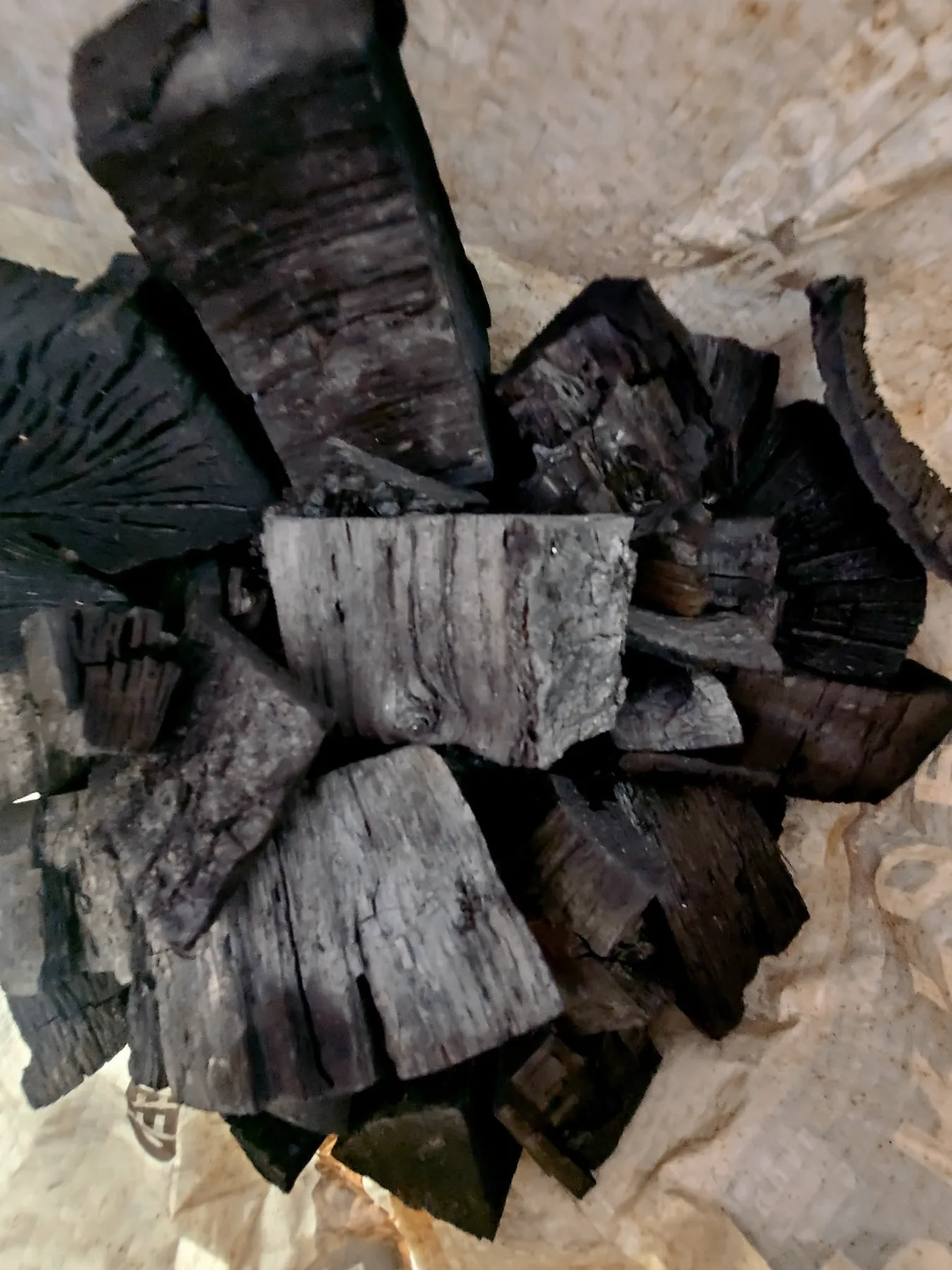 Homemade lump charcoal made on the farm, irregular blackened pieces still holding the grain of the wood they came from.